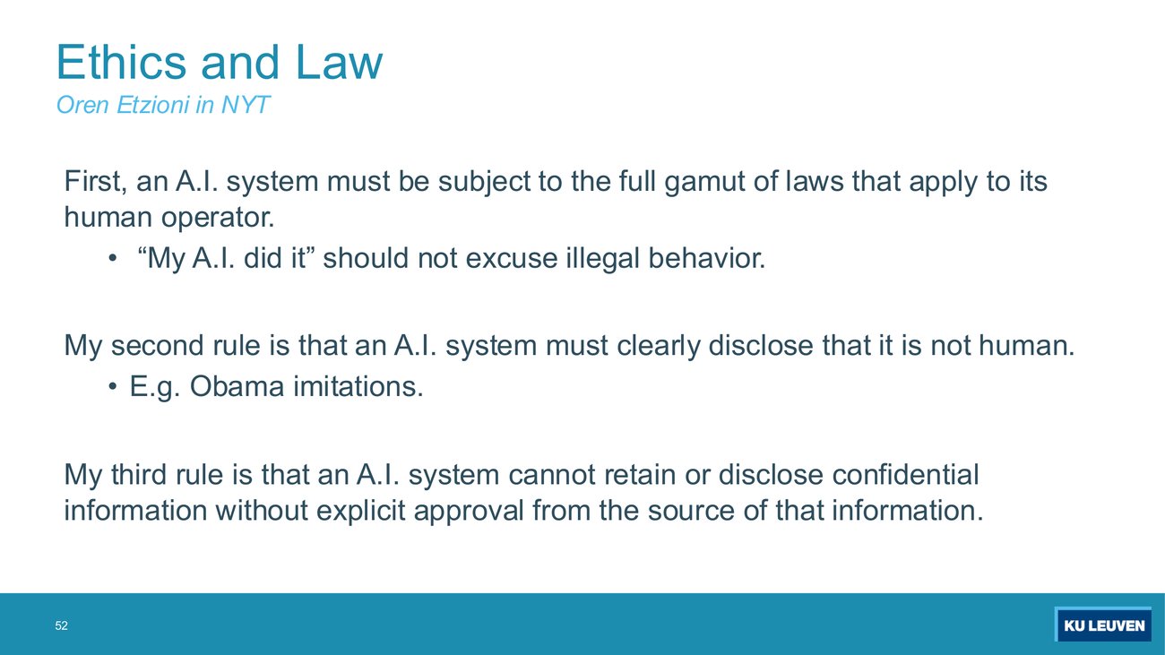 Slide subtitled Oren Etzioni in NYT, giving three rules: an AI system must be subject to the full gamut of laws that apply to its human operator; it must clearly disclose that it is not human; and it cannot retain or disclose confidential information without explicit approval from the source