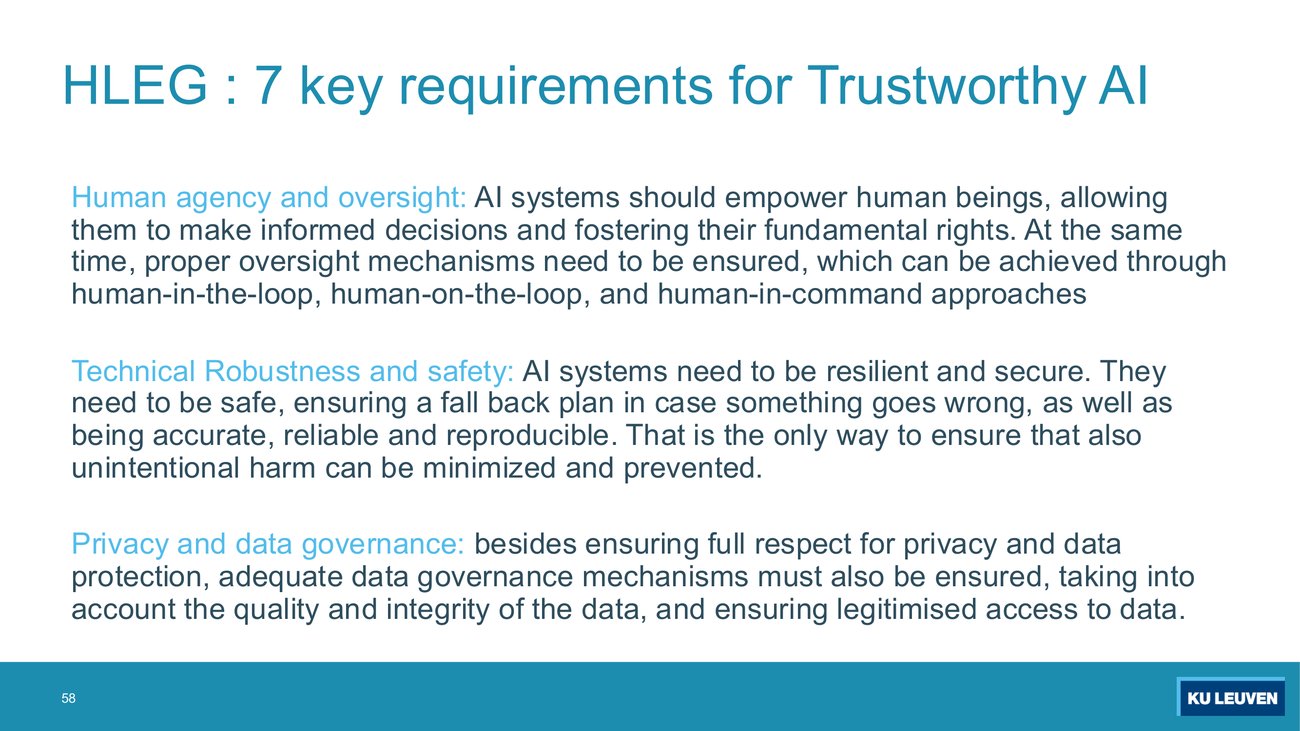 Slide titled HLEG seven key requirements for Trustworthy AI, giving the first three: Human agency and oversight, Technical Robustness and safety, and Privacy and data governance, each with a paragraph of explanation