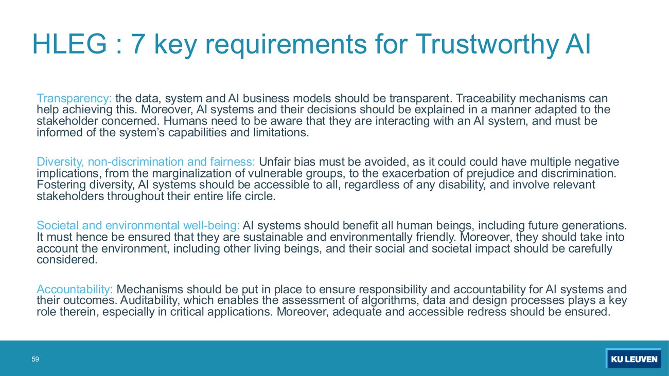 Slide titled HLEG seven key requirements for Trustworthy AI, giving the last four: Transparency, Diversity non-discrimination and fairness, Societal and environmental well-being, and Accountability, each with a paragraph of explanation